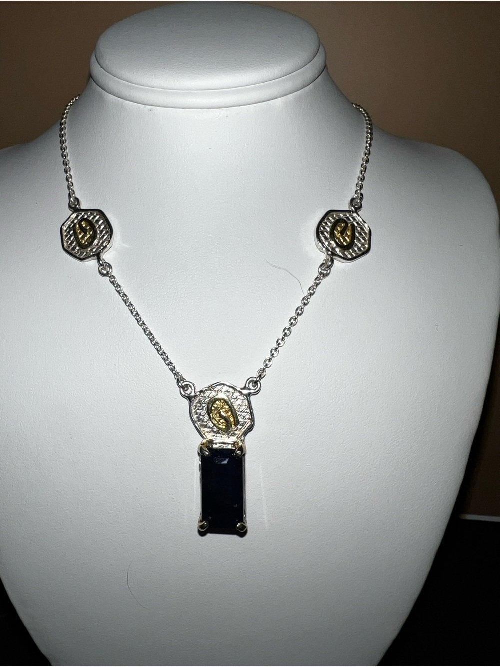 Women's Sterling Silver and Gold Accent Necklace with deep blue gemstone Pendant